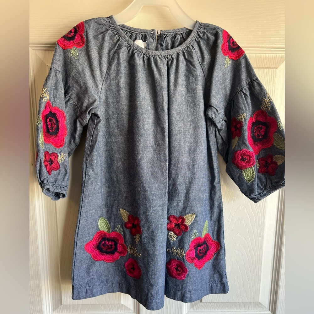 Mud Pie  Denim Floral Embroidered Dress Girls size 5